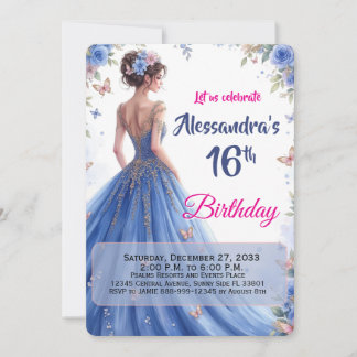 Editable 16th Blue Gown Floral Elegant Birthday Invitation