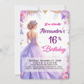 Editable 16th Blue Gown Floral Elegant Birthday Invitation