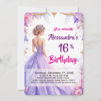 Editable 16th Purple Gown Floral Elegant Birthday Invitation
