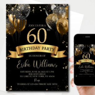 Editable 60th Birthday Invitation: Black & Gold Ba Invitation