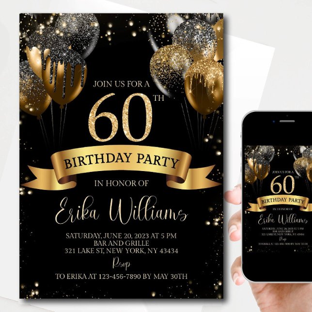 Editable 60th Birthday Invitation: Black & Gold Ba Invitation (Creator Uploaded)