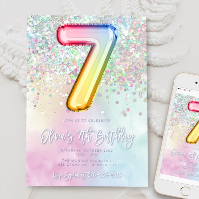 Editable 7th Birthday Invitation Template Rainbow  (Creator Uploaded)
