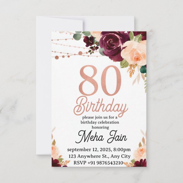 Editable 80e anniversaire Invitation pour femmes R (Devant)