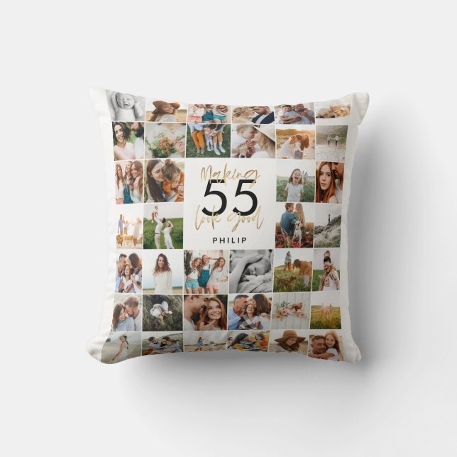 editable age chic birthday multi photo script gift throw pillow (Front)