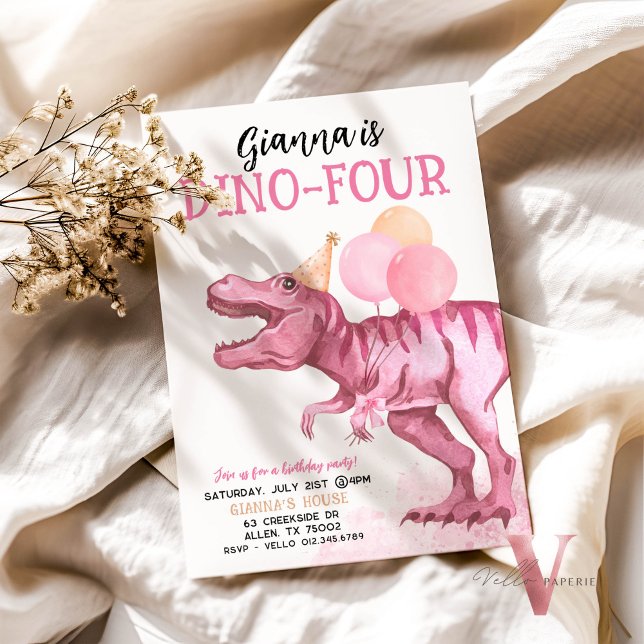 Editable AGE Pink T-Rex Dinosaurs Birthday Fun  Invitation (Creator Uploaded)