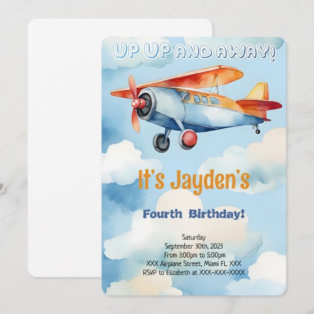 Editable Airplane Birthday Party Invitation (Front/Back)