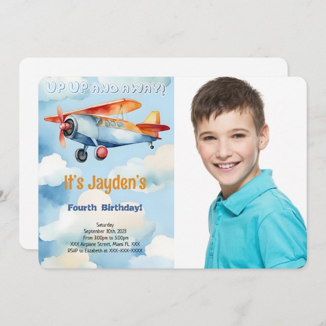 Editable Airplane Birthday Party Photo Invitation (Front/Back)