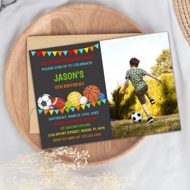Editable All-Star Party Card (Sports Birthday Invitations with photo)