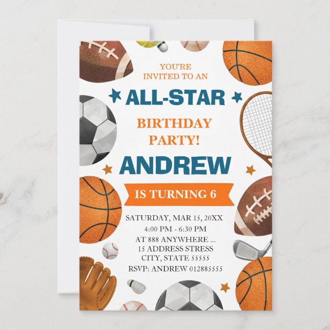 Editable All Star Sports Birthday Invitation (Front)