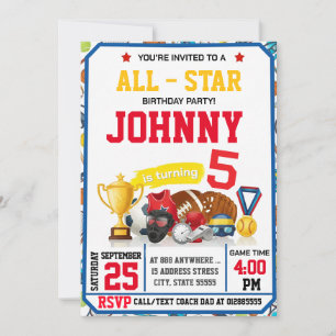 Editable All Star Sports Birthday Party Invitation