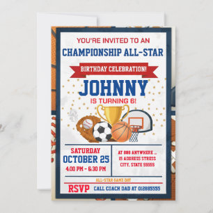 Editable All Star Sports Birthday Party Invitation