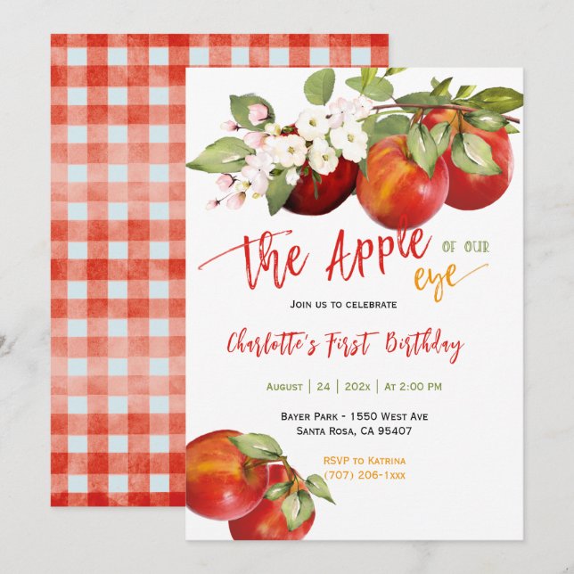 Editable Apple of our Eye Birthday Party  Invitation (Front/Back)