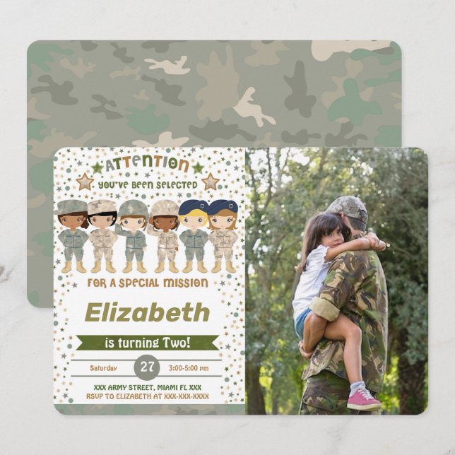 Editable Army Birthday Photo Invitations (Front/Back)