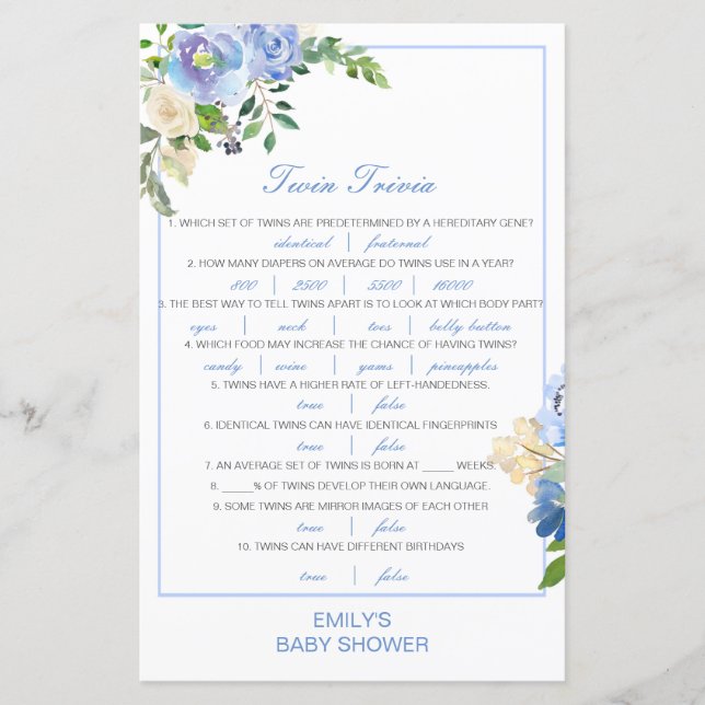 Editable Baby Twin Trivia Baby Shower with Answer (Front)