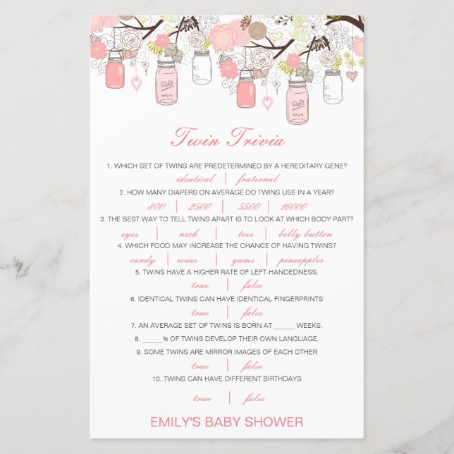 Editable Baby Twin Trivia Baby Shower with Answer (Front)