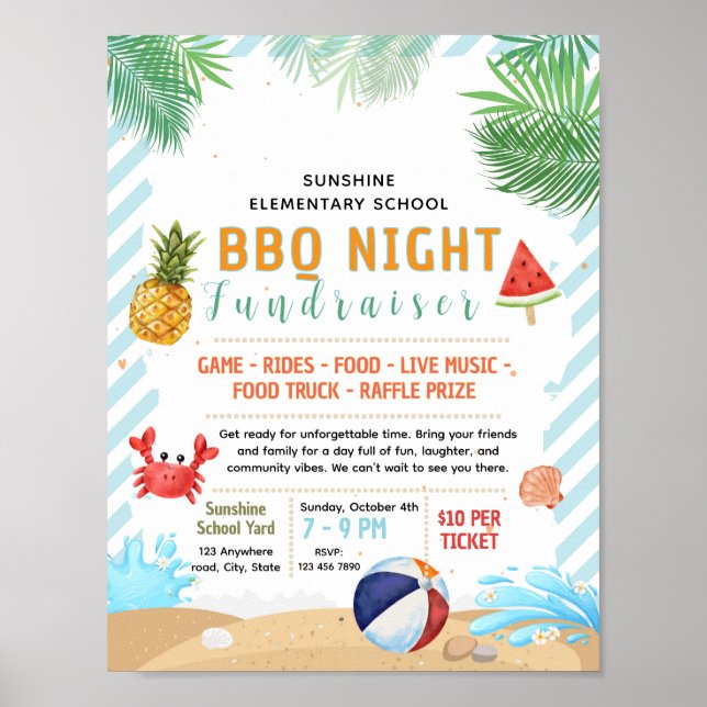 Editable back to school beach fundraiser flyer poster (Front)