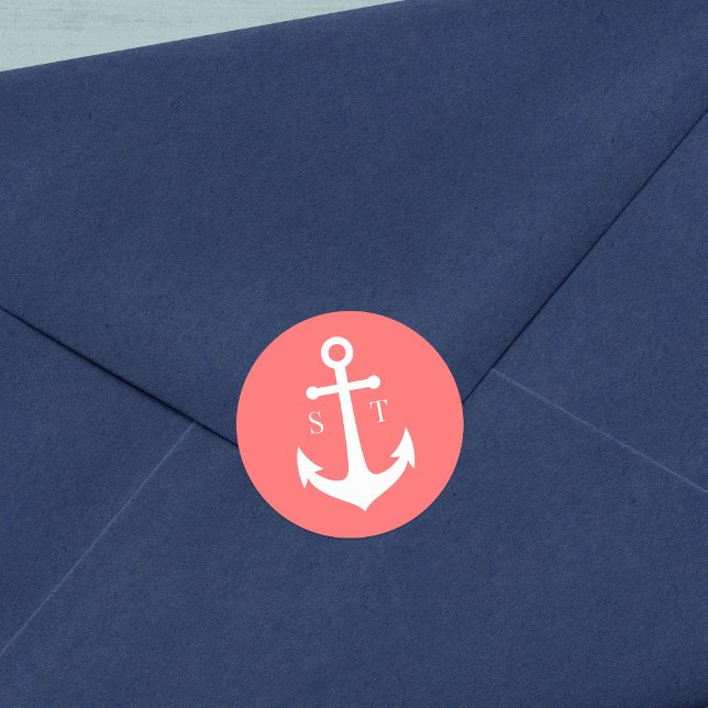 Editable Background Colour Monogram Anchor Wedding Classic Round Sticker (Creator Uploaded)