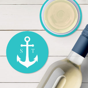 Editable Background Colour Monogram Anchor Wedding Round Paper Coaster