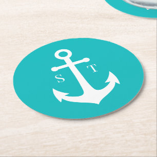 Editable Background Colour Monogram Anchor Wedding Round Paper Coaster