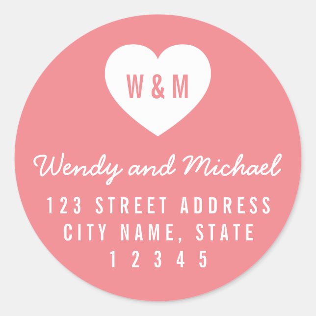 Editable Background Colour Monogram Heart Address Classic Round Sticker (Front)