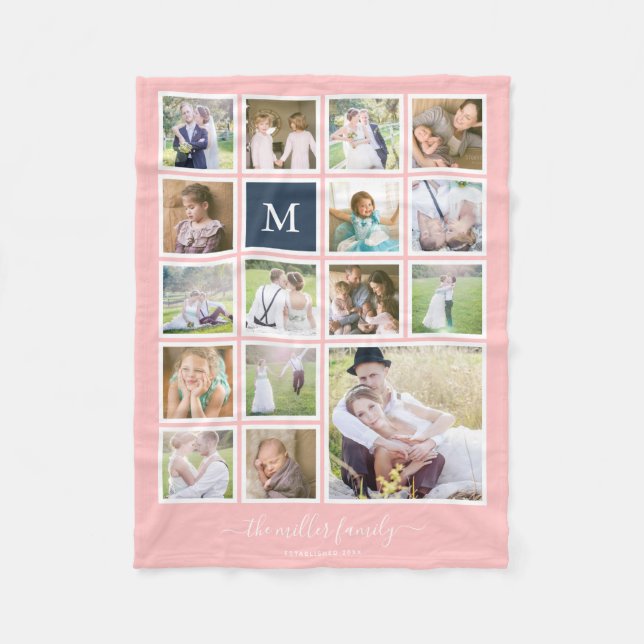 Editable Background Colour Monogram Photo Collage Fleece Blanket (Front)