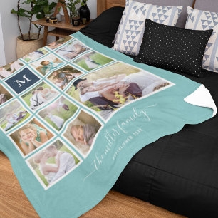 Editable Background Colour Monogram Photo Collage Fleece Blanket
