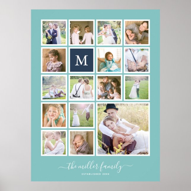 Editable Background Colour Monogram Photo Collage Poster (Front)