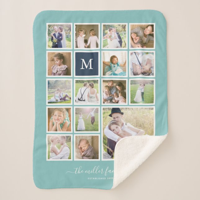 Editable Background Colour Monogram Photo Collage Sherpa Blanket (Front)