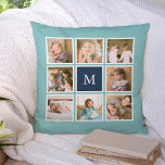 Editable Background Colour Monogram Photo Collage Throw Pillow<br><div class="desc">Monogram pillow with 8 square photos arranged in a grid layout with a white border around them on the front and back side making it 16 photos in total that you can replace with you own photos all against an editable background colour (click "customize" to change background colour). You can...</div>