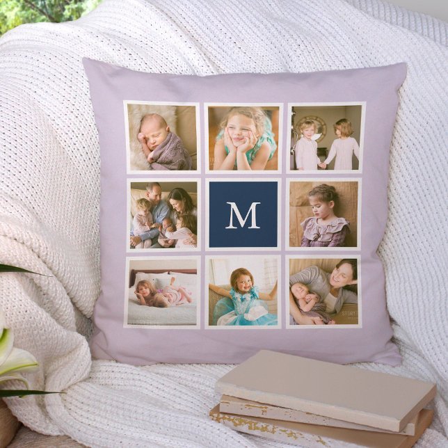 Editable Background Colour Monogram Photo Collage Throw Pillow (Creator Uploaded)