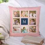 Editable Background Colour Monogram Photo Collage Throw Pillow<br><div class="desc">Monogram pillow with 8 square photos arranged in a grid layout with a white border around them on the front and back side making it 16 photos in total that you can replace with you own photos all against an editable background colour (click "customize" to change background colour). You can...</div>