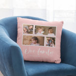 Editable Background Colour Our Family Photo Collag Throw Pillow<br><div class="desc">Pillow featuring the words "Our Family" in a white stylish script with 4 photos with a white border around them arranged side by side on the front and back side making it 8 photos in total that you can replace with you own photos against an editable background colour (click "customize"...</div>