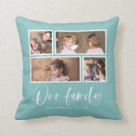 Editable Background Colour Our Family Photo Collag Throw Pillow<br><div class="desc">Pillow featuring the words "Our Family" in a white stylish script with 4 photos with a white border around them arranged side by side on the front and back side making it 8 photos in total that you can replace with you own photos against an editable background colour (click "customize"...</div>