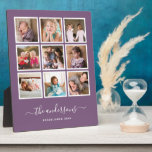 Editable Background Colour Photo Collage Script Plaque<br><div class="desc">Photo Plaque with 9 square photos arranged in a grid layout each with a white border around them against an editable background colour (click customize to change background colour). You can also add your family name in a stylish calligraphy font and the year established. Perfect for wedding gifts, family keepsakes,...</div>