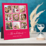 Editable Background Colour Photo Collage Script Plaque<br><div class="desc">Photo Plaque with 9 square photos arranged in a grid layout each with a white border around them against an editable background colour (click customize to change background colour). You can also add your family name in a stylish calligraphy font and the year established. Perfect for wedding gifts, family keepsakes,...</div>