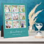 Editable Background Colour Photo Collage Script Plaque<br><div class="desc">Photo Plaque with 9 square photos arranged in a grid layout each with a white border around them against an editable background colour (click customize to change background colour). You can also add your family name in a stylish calligraphy font and the year established. Perfect for wedding gifts, family keepsakes,...</div>