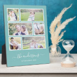 Editable Background Colour Six Photo Collage Plaque<br><div class="desc">Photo plaque with six photos arranged in a grid layout each with a white border around them and all against an editable background colour (click customize to change background colour). You can also add your family name in a stylish calligraphy font and the year established. Perfect for wedding gifts, family...</div>