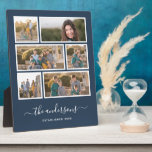 Editable Background Colour Six Photo Collage Scrip Plaque<br><div class="desc">Photo plaque with six photos arranged in a grid layout each with a white border around them and all against an editable background colour (click customize to change background colour). You can also add your family name in a stylish calligraphy font and the year established. Perfect for wedding gifts, family...</div>