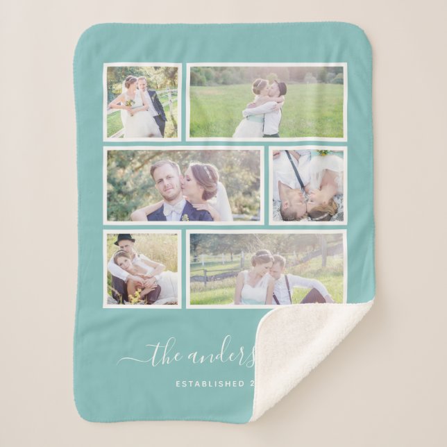 Editable Background Colour Six Photo Collage Scrip Sherpa Blanket (Front)