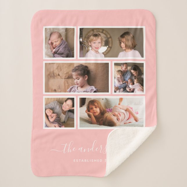 Editable Background Colour Six Photo Collage Scrip Sherpa Blanket (Front)