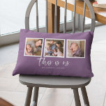 Editable Background Colour This is Us Photo Collag Lumbar Pillow<br><div class="desc">Pillow featuring the words "this is us" in a white stylish script with 3 square photos with a white border around them arranged side by side on the front and back side making it 6 photos in total that you can replace with you own photos against an editable background colour...</div>