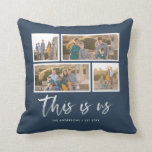 Editable Background Colour This is Us Photo Collag Throw Pillow<br><div class="desc">Pillow featuring the words "this is us" in a white stylish script with 4 photos with a white border around them arranged side by side on the front and back side making it 8 photos in total that you can replace with you own photos against an editable background colour (click...</div>