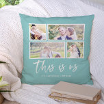 Editable Background Colour This is Us Photo Collag Throw Pillow<br><div class="desc">Pillow featuring the words "this is us" in a white stylish script with 4 photos with a white border around them arranged side by side on the front and back side making it 8 photos in total that you can replace with you own photos against an editable background colour (click...</div>