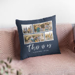 Editable Background Colour This is Us Photo Collag Throw Pillow<br><div class="desc">Pillow featuring the words "this is us" in a white stylish script with 4 photos with a white border around them arranged side by side on the front and back side making it 8 photos in total that you can replace with you own photos against an editable background colour (click...</div>