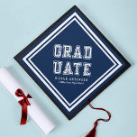 Editable Background Colour Varsity Graduate Graduation Cap Topper<br><div class="desc">Varsity style Graduate graduation cap topper featuring white stripes against an editable background colour (click customize to change). Personalize it by replacing the placeholder text. For more options such as to change the font and it's size/colour or the spacing between letters click the "Customize" button. *Please note that the Zazzle...</div>