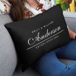 Editable Background Colour Wedding Family Name Lumbar Pillow<br><div class="desc">This versatile Family Name pillow with editable front and back background colour featuring your names, family name in an elegant cursive font and below a thin line, state when your family was established. Makes a great keepsake or wedding gift. Personalize it by replacing the placeholder text. For more options such...</div>