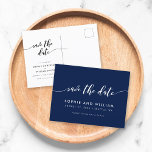 Editable Background Relax Script Save the Date Announcement Postcard<br><div class="desc">Stylish Save the Date postcard featuring the words "Save the Date" in a relax cursive script in white against an editable background colour (click customize to change the colour). Personalize it by replacing the placeholder text. For more options such as to change the font and it's size/colour or the spacing...</div>
