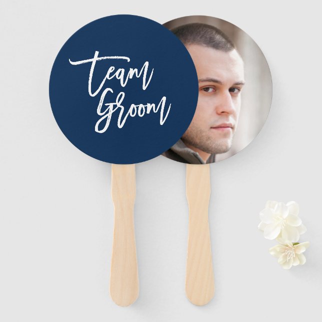 Editable Background White Brush Script Team Groom Hand Fan (Front and Back)