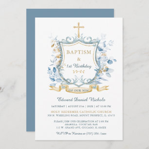 Editable Baptism Blue and Gold Monogram Invitation