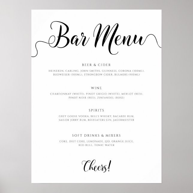 Editable Bar Menu Wedding Drinks List Poster (Front)